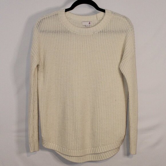 So cream-colored long-sleeve crewneck chunky knit rounded hemline sweater L - Picture 1 of 9